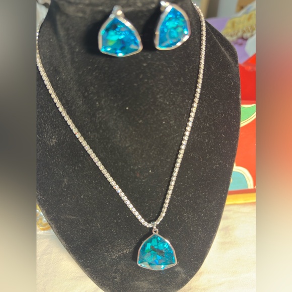 Silver Necklace and Earring Set with Blue Swarovski Stones and CZ chain - Picture 1 of 7